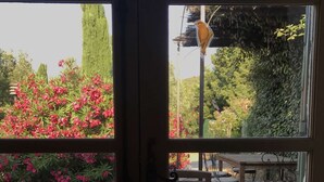 A door with a view of a garden with pink flowers and a wooden table with chairs. - Le Mazet De La Dame (Barbentane)