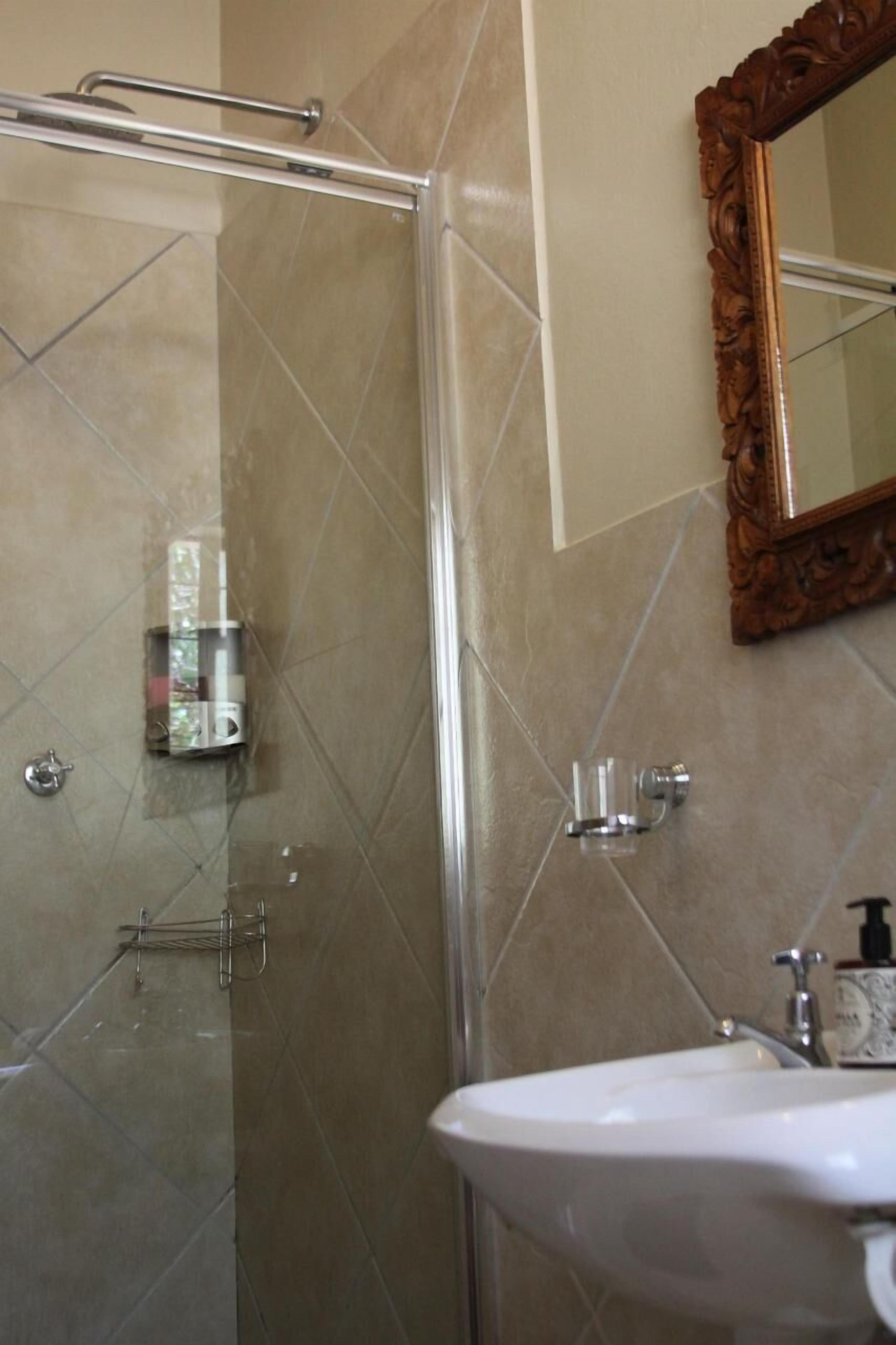 A bathroom with a glass shower enclosure, a sink, and a mirror with an ornate frame.