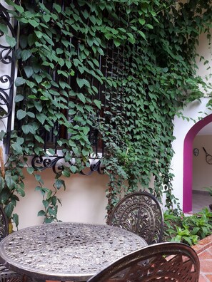 Un pati amb una taula rodona de metall i cadires, envoltat per una paret coberta d'arbres de bedoll.
