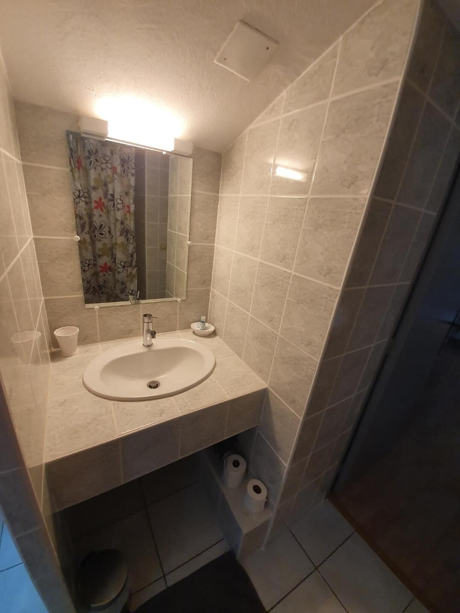 A bathroom with a sink, mirror, and shower.