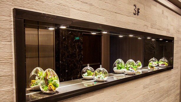 A wall-mounted mirror with a black frame, reflecting a series of spherical terrariums containing various plants. - Siangge Chuanfan Rock Resort (Hengchun)