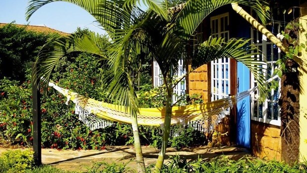 Una hamaca en un jardín exuberante con una casa al fondo.