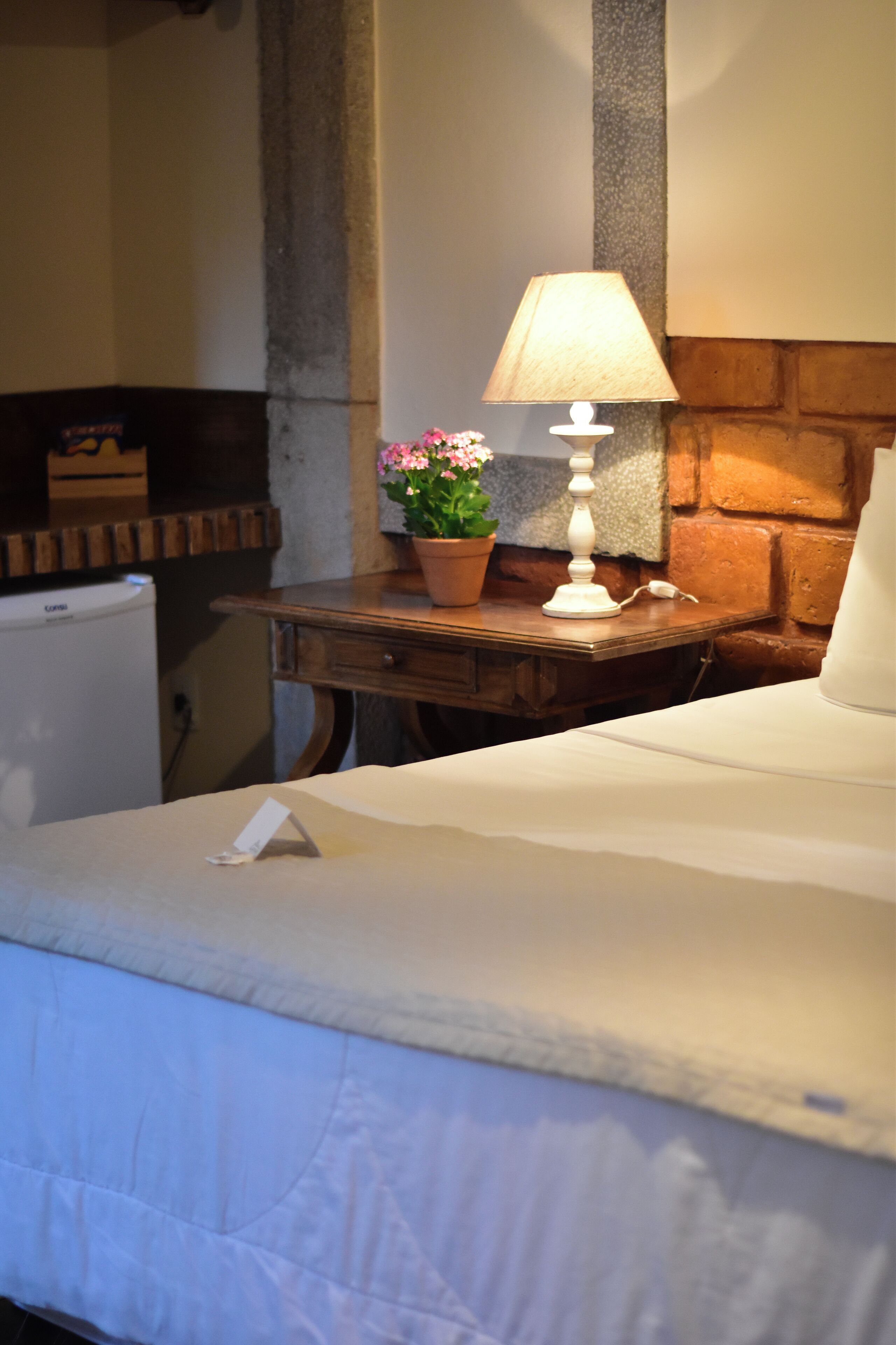 Habitación de hotel con cama, mesita de noche con lámpara, planta en maceta y un refrigerador pequeño.