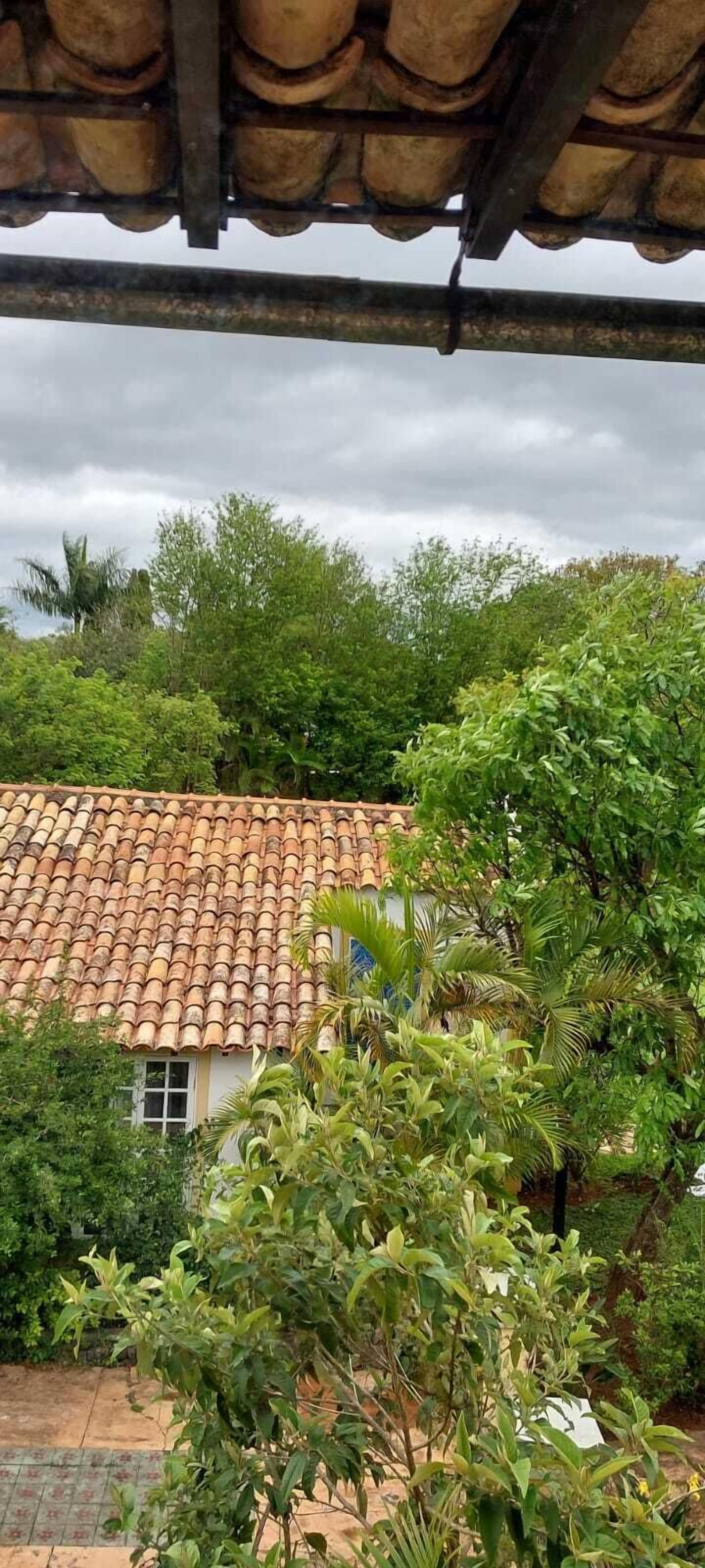 Una casa con techo de tejas y abundante vegetación al fondo.