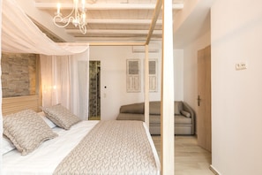 King Suite, Pool View | Memory foam beds, blackout drapes, soundproofing, iron/ironing board - Cyano Hotel (Agios Vasileios)