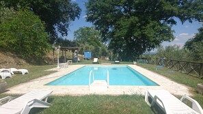 A rectangular swimming pool with a clear blue water, surrounded by white lounge chairs and a covered seating area. - Agriturismo Domus Etrusca (San Casciano dei Bagni)