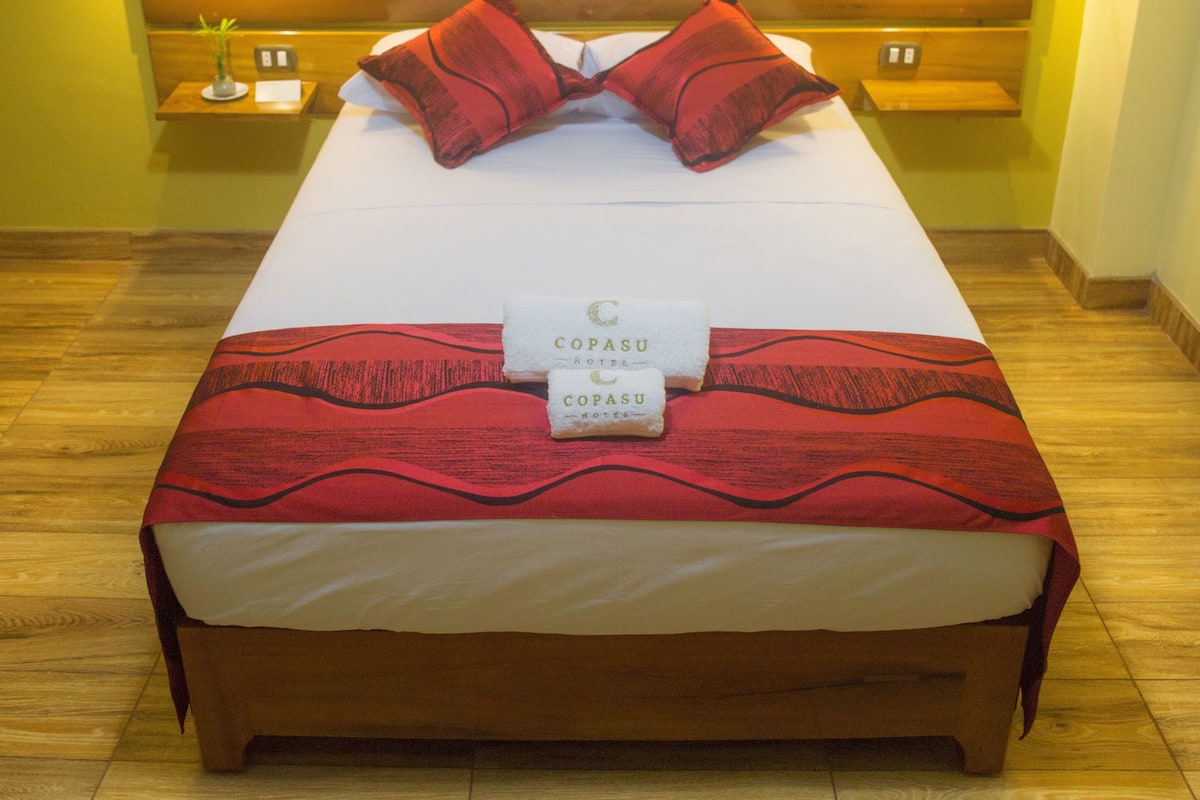 A neatly made bed with a red blanket and pillows, two bedside lamps, a framed picture on the wall, and a small bedside table with a plant.