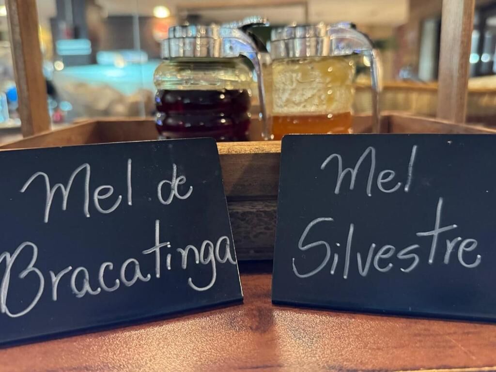 Two black signs with white text on a wooden surface, one reads 'Mel de Bracatinga' and the other 'Mel Silvestre'.