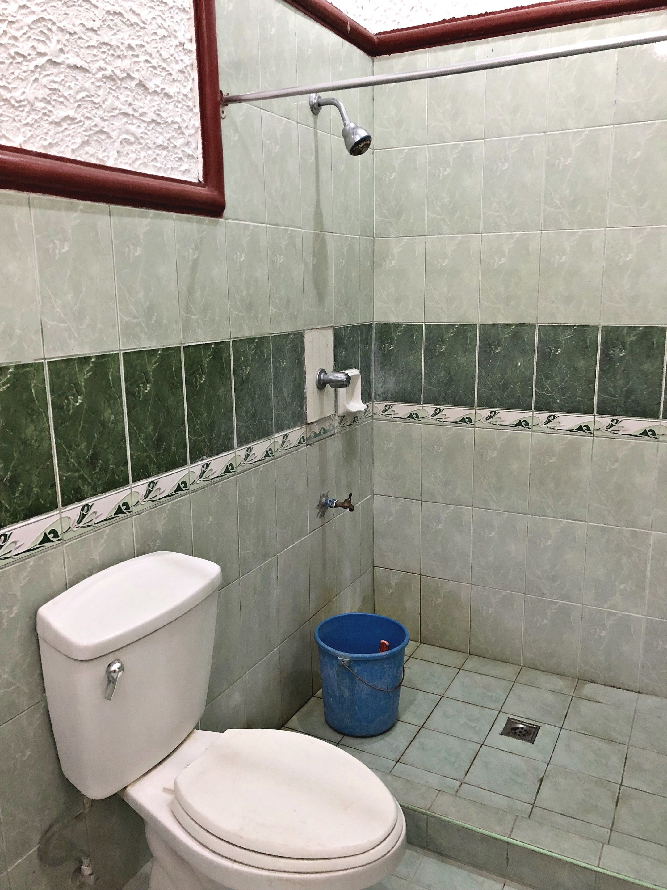 Un baño pequeño con inodoro, un cubo azul y un cabezal de ducha.