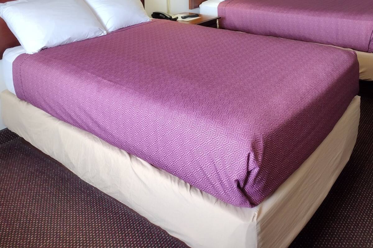A hotel room with two beds, each with a purple bedspread and white pillows. There are framed artworks on the walls and a nightstand with a lamp between the beds.