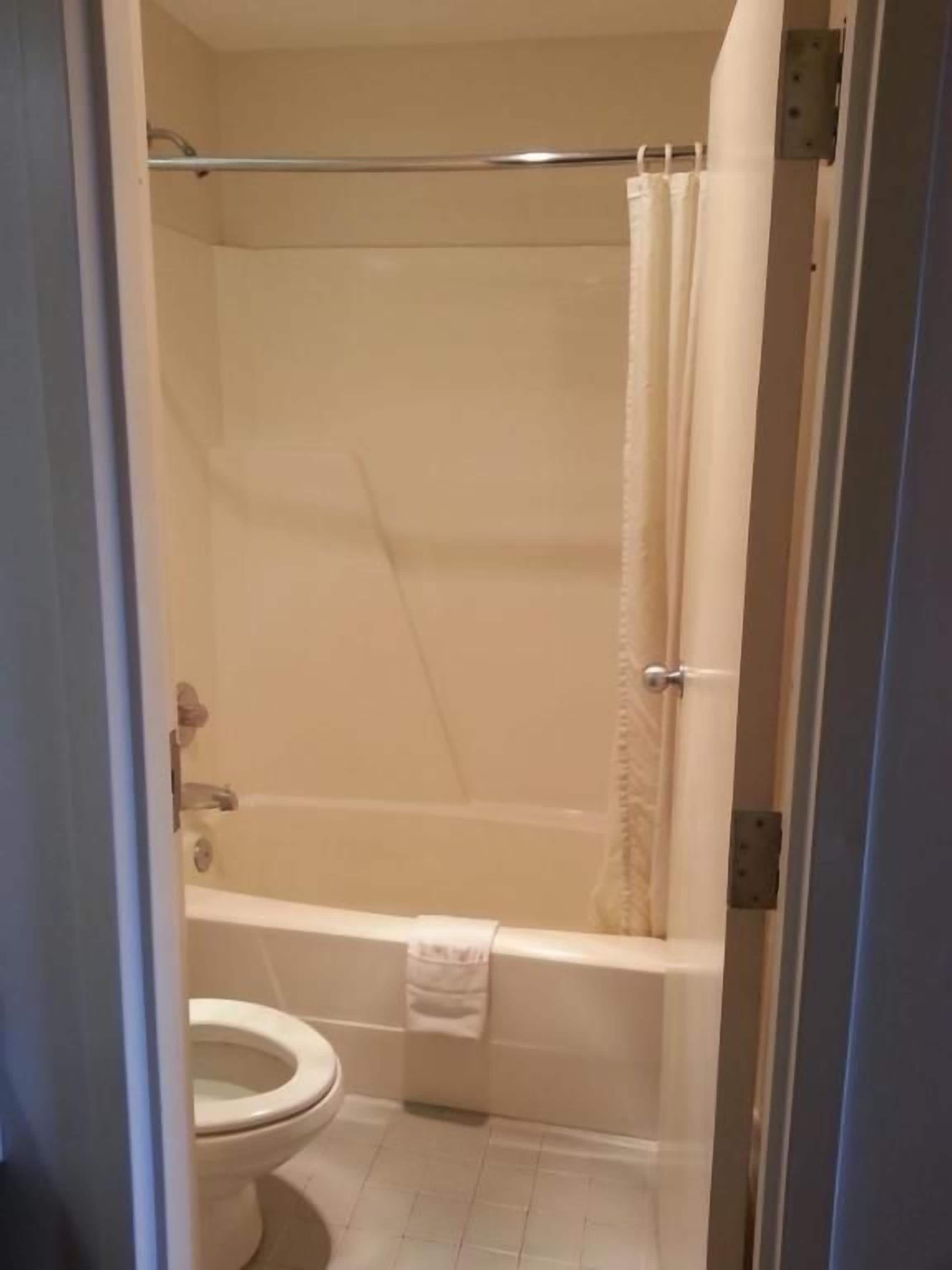 Ein Badezimmer mit Toilette, Badewanne und Duschvorhang.