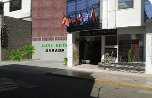 Un hotel llamado "Aura Hotel" con un letrero de garaje, un muro de ladrillo y varias banderas.