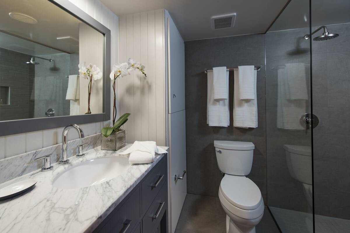 A modern bathroom with a marble sink, a toilet, a glass-enclosed shower, and a large mirror.