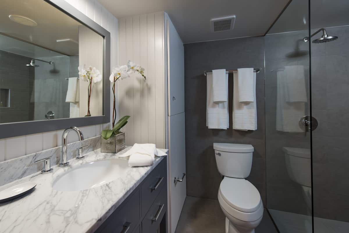 rainfall showerhead, designer toiletries, hair dryer, bathrobes