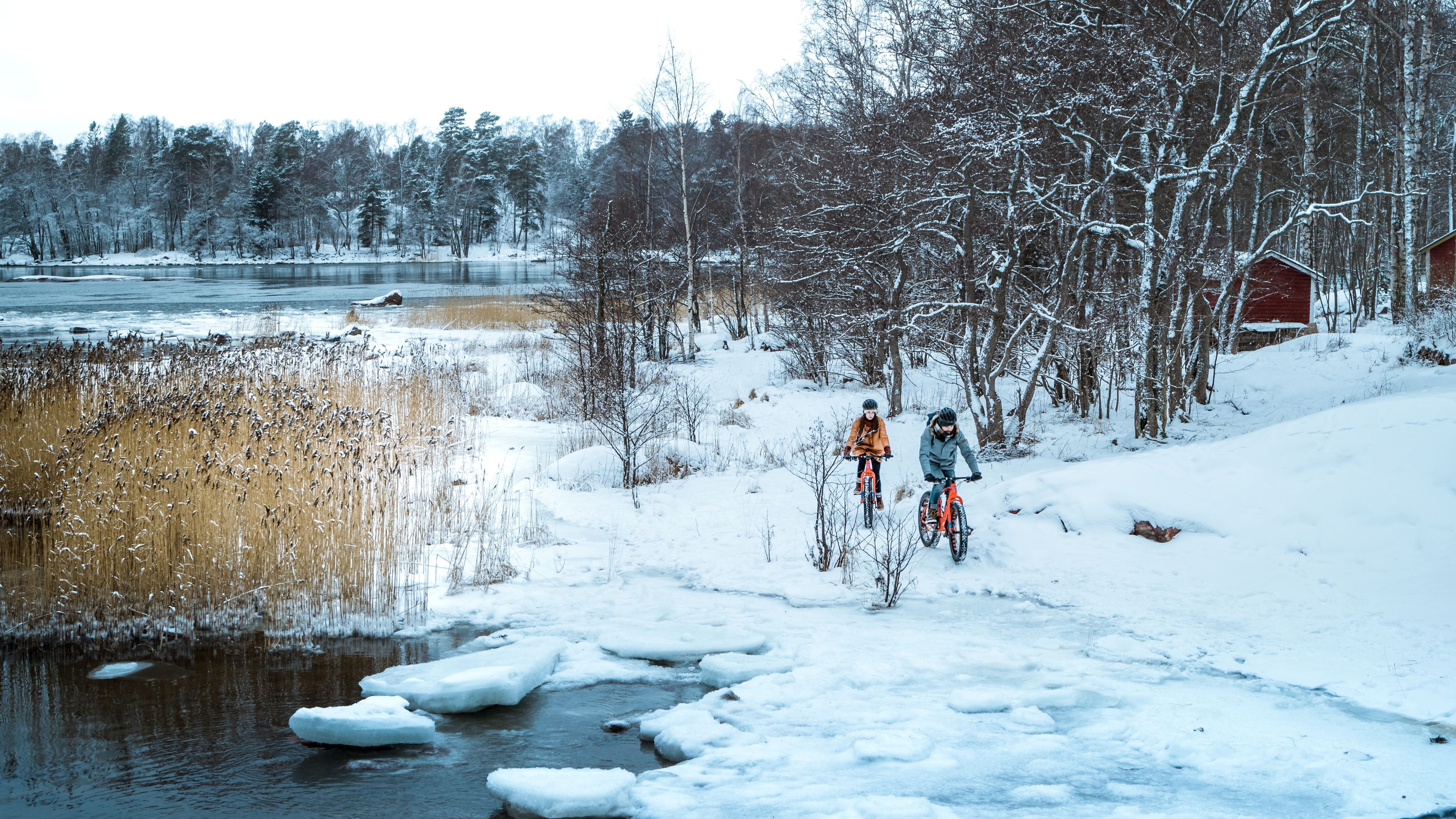 A snowy landscape with a river, trees, and a red building.