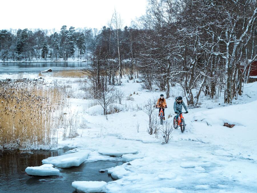 A snowy landscape with a river, trees, and a red building.