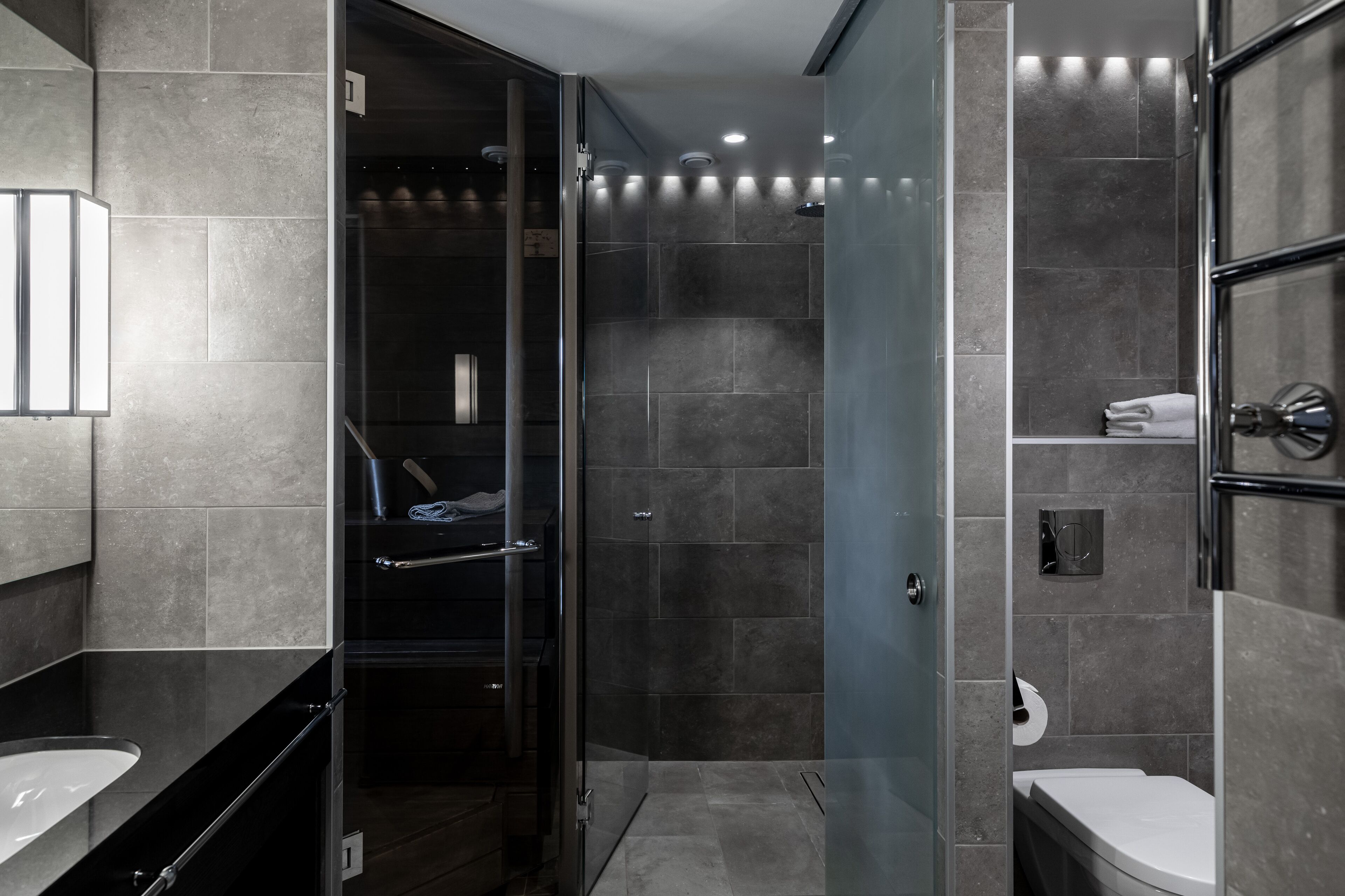 A modern bathroom with a glass-enclosed shower, a vanity with a sink, and a toilet.