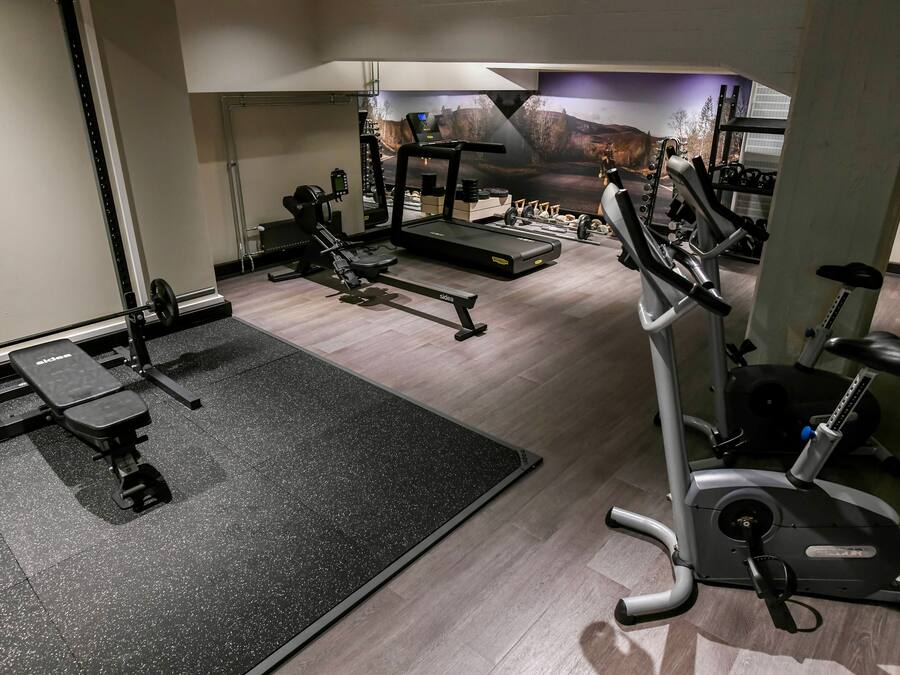 A gym with a treadmill, weight bench, and various exercise machines.
