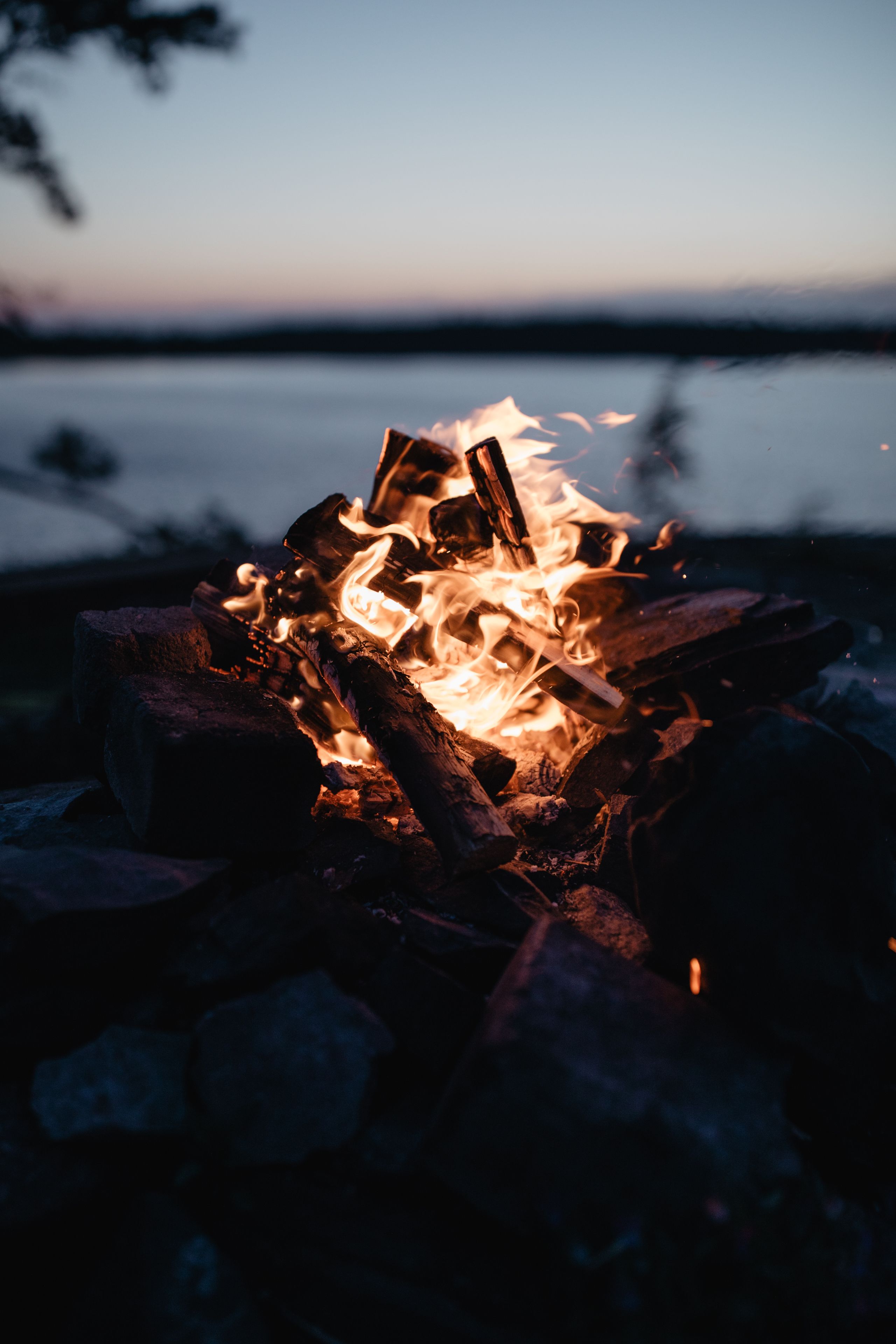 A campfire with logs and flames, set against a blurred background of a body of water and a dusky sky.
