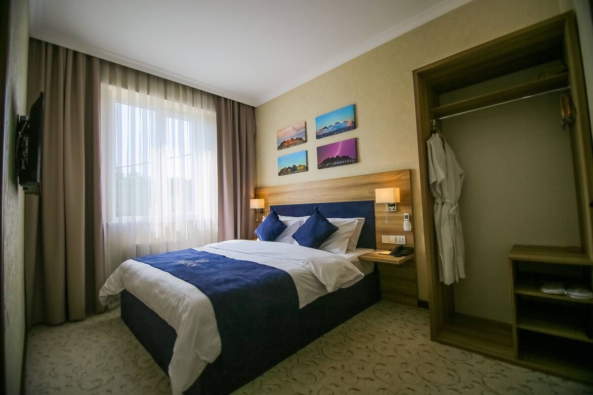 A hotel room with a large bed, a wardrobe, a bedside table with a lamp, and a window with curtains.