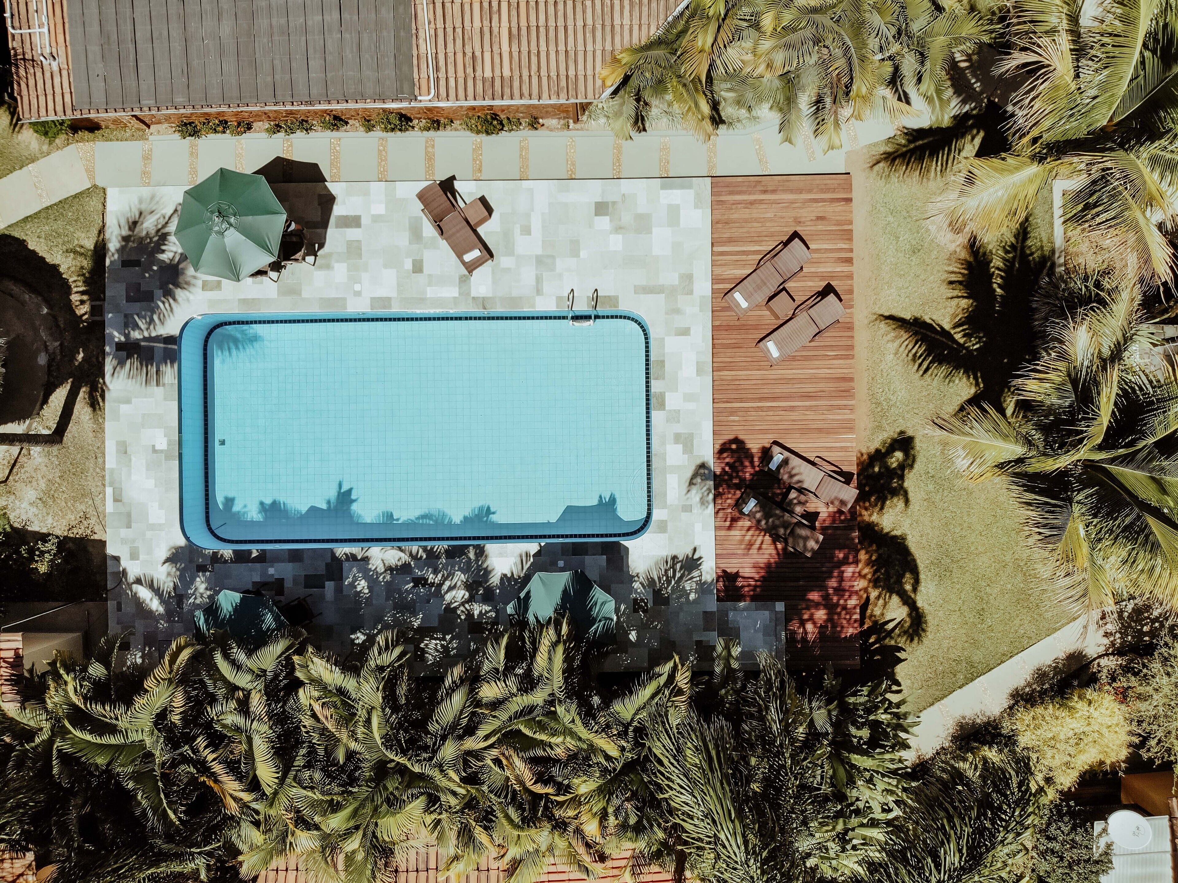 Una piscina al aire libre, sombrillas, sillones reclinables de piscina