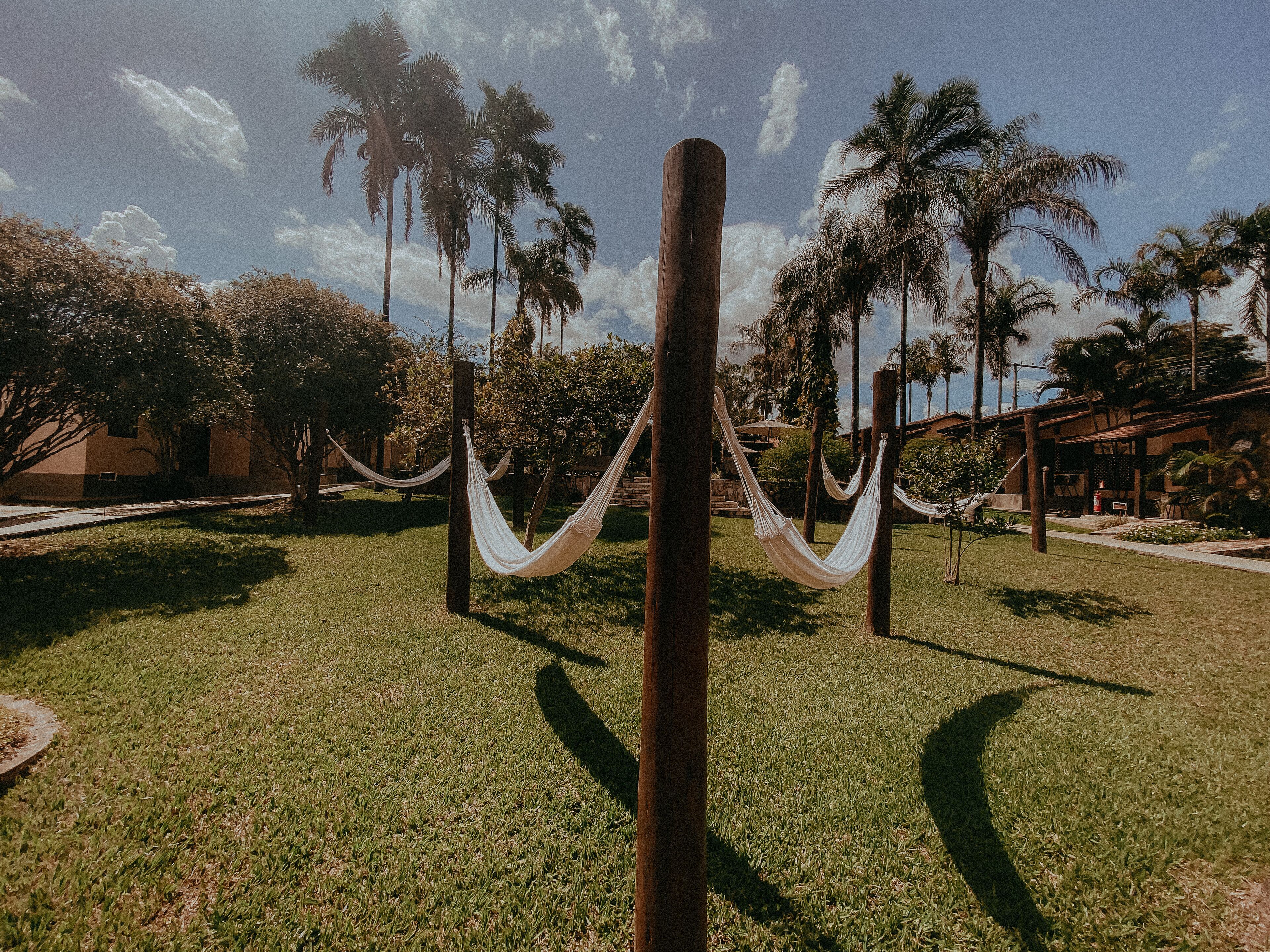 A hammock tied between wooden posts in a grassy area with palm trees and a building in the background.