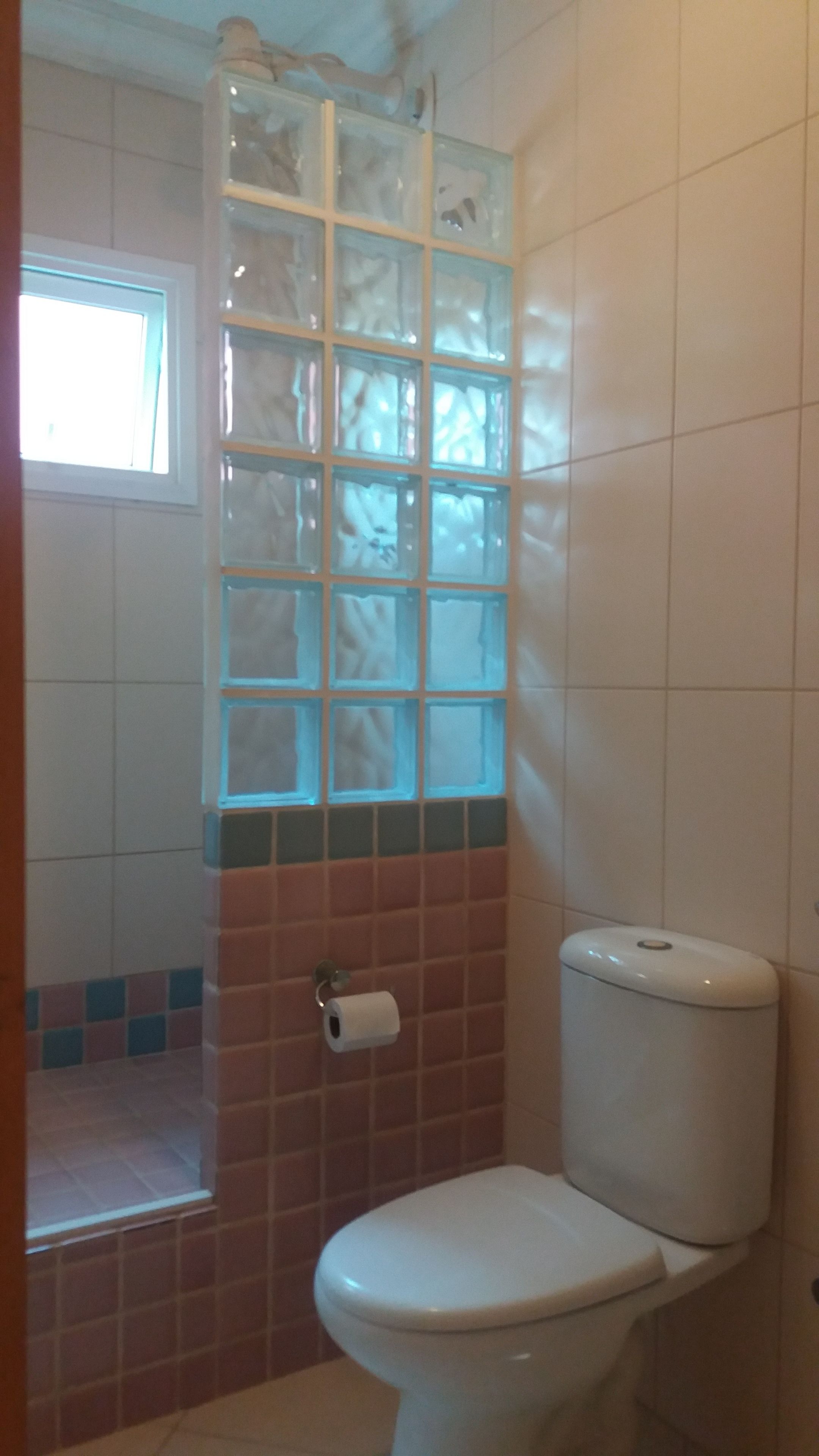 A bathroom with a toilet, a glass shower enclosure, and a window.