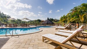 Un área de piscina con sillones de descanso y sombrillas, rodeada de palmeras y un cielo despejado.