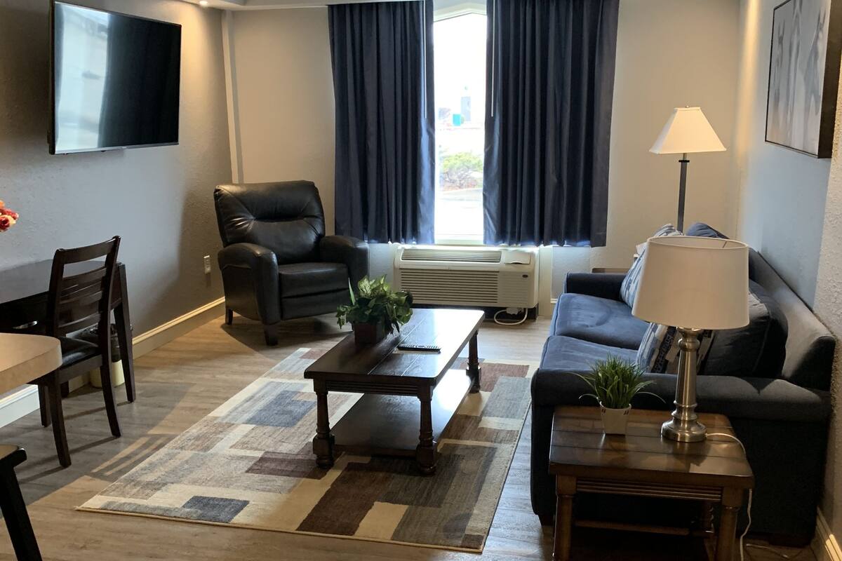 Ein modernes Wohnzimmer mit Flachbildfernseher, Ledersessel, Sofa und Couchtisch mit Pflanze.