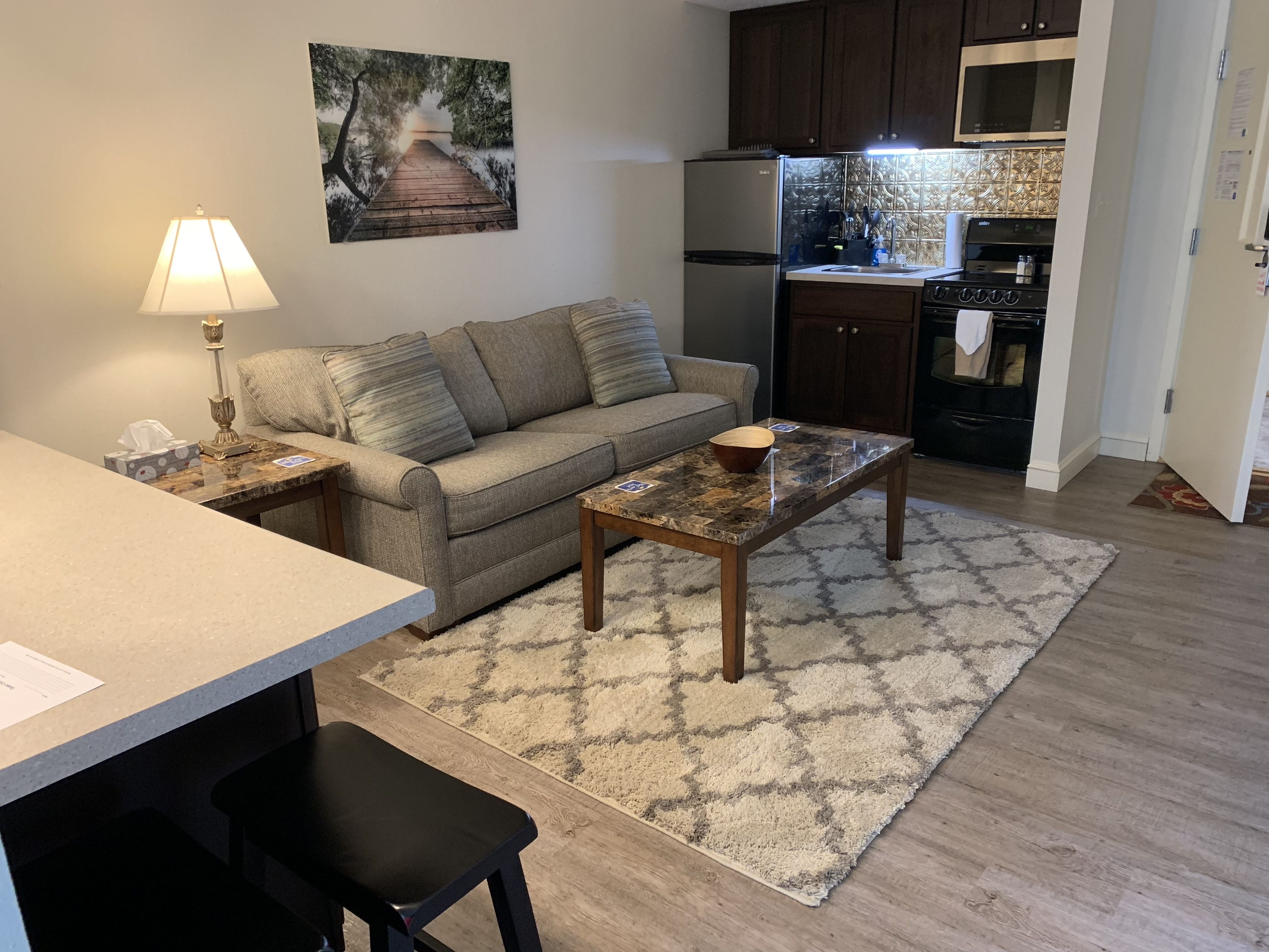 suite, 1 queen bed with sofa bed, jetted tub | private kitchen | mini-fridge, microwave, coffee/tea maker, freezer