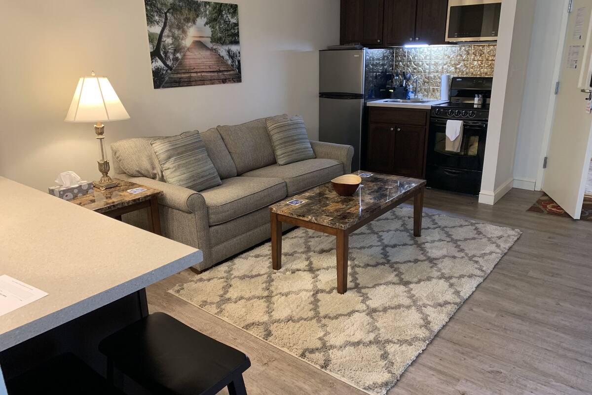 suite, 1 queen bed with sofa bed, jetted tub | private kitchen | mini-fridge, microwave, coffee/tea maker, freezer