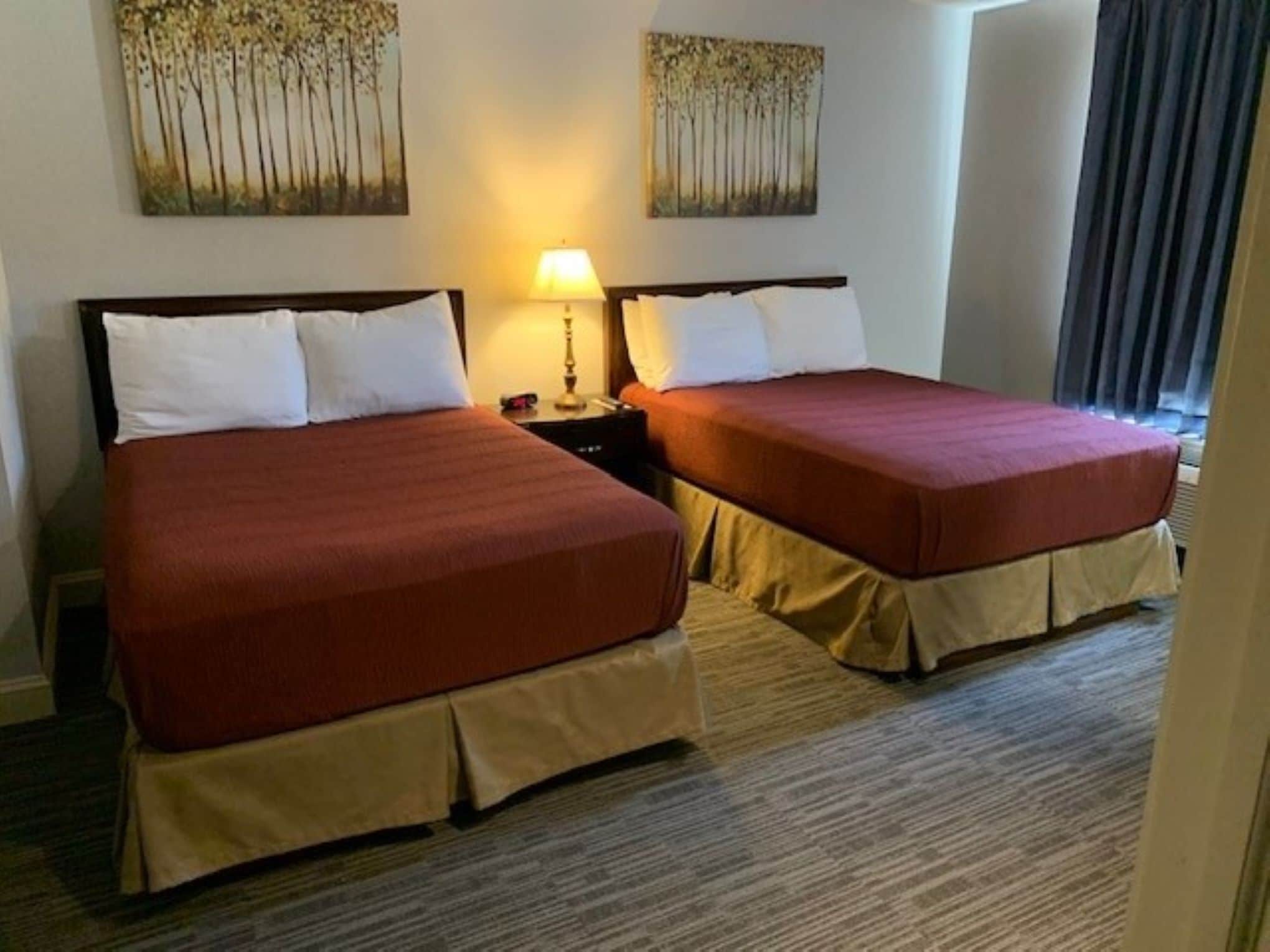 A hotel room with two beds, each with a red bedspread and white pillows. There are two wall-mounted paintings of trees, a bedside lamp, and a window with curtains.