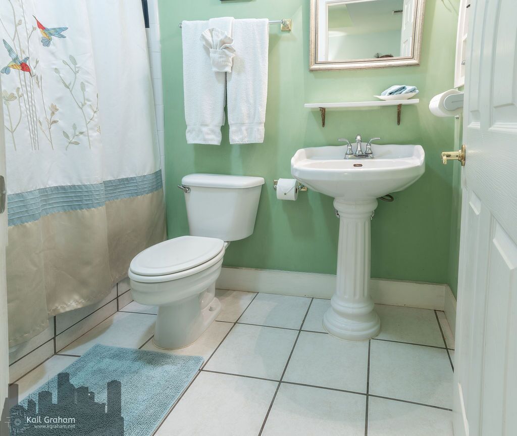 A bathroom with a toilet, sink, and a shower curtain with floral design.