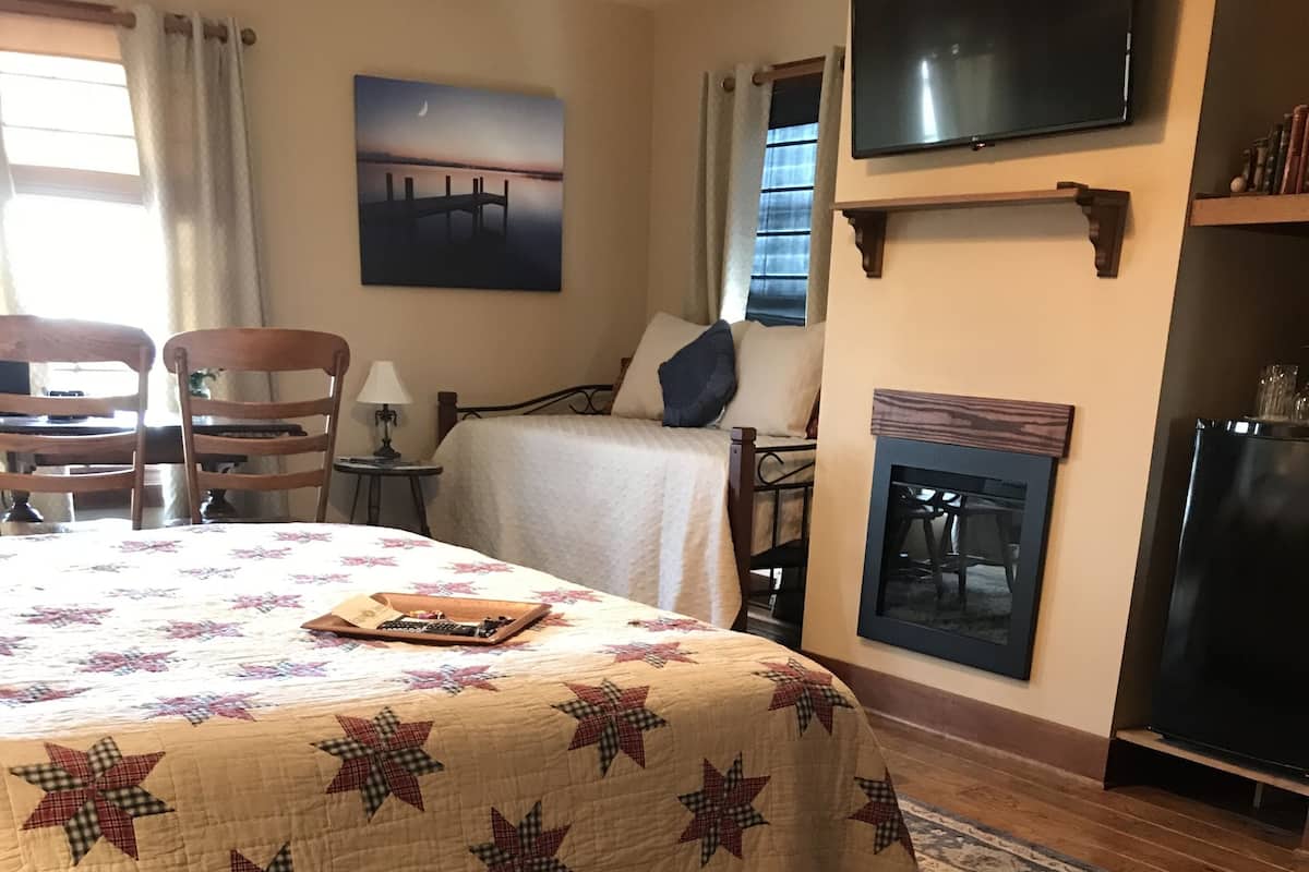 Une chambre à coucher avec un lit, une table de chevet, une télévision et une cheminée.