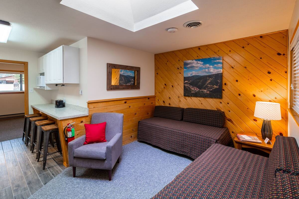 Una stanza accogliente con soffitto in legno, un divano, una poltrona, un tavolino e un angolo bar con sgabelli.