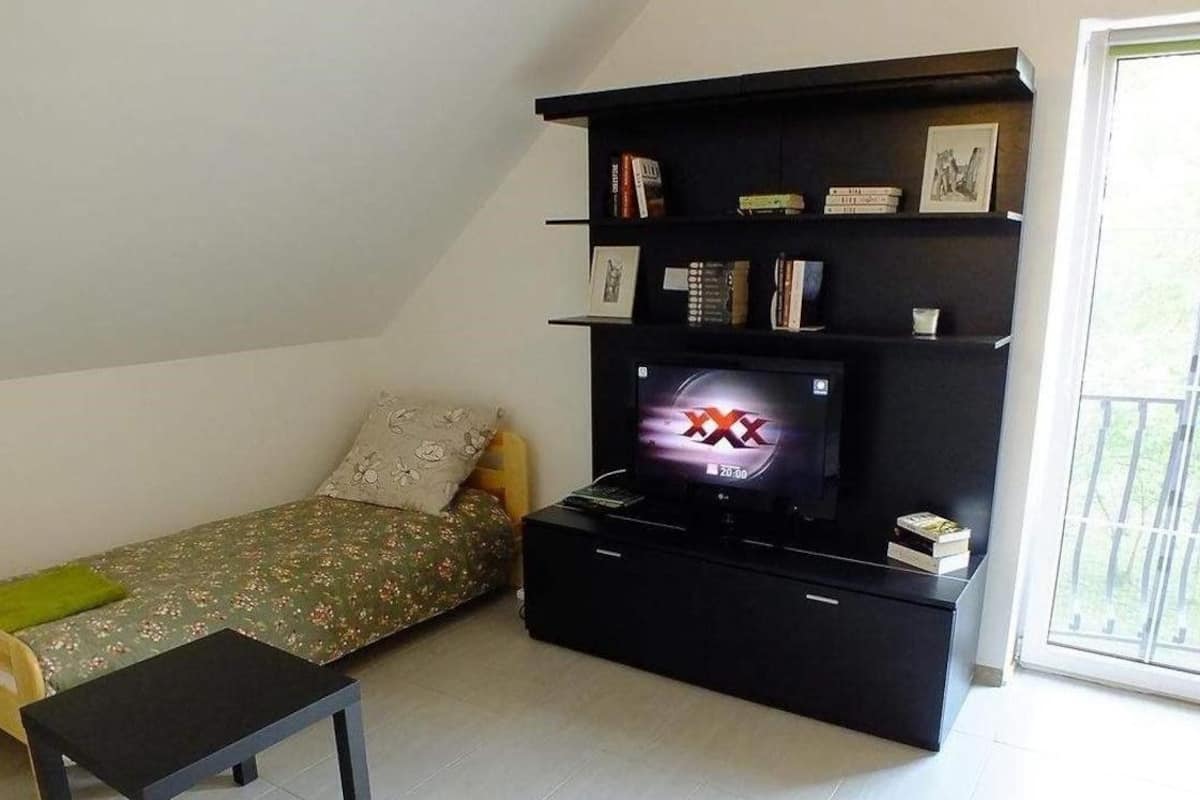Un espace de vie compact avec un téléviseur posé sur un meuble noir, un canapé agrémenté de coussins à motifs floraux et une petite table.