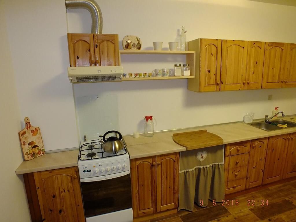 A kitchen with wooden cabinets, a stove, and a sink.