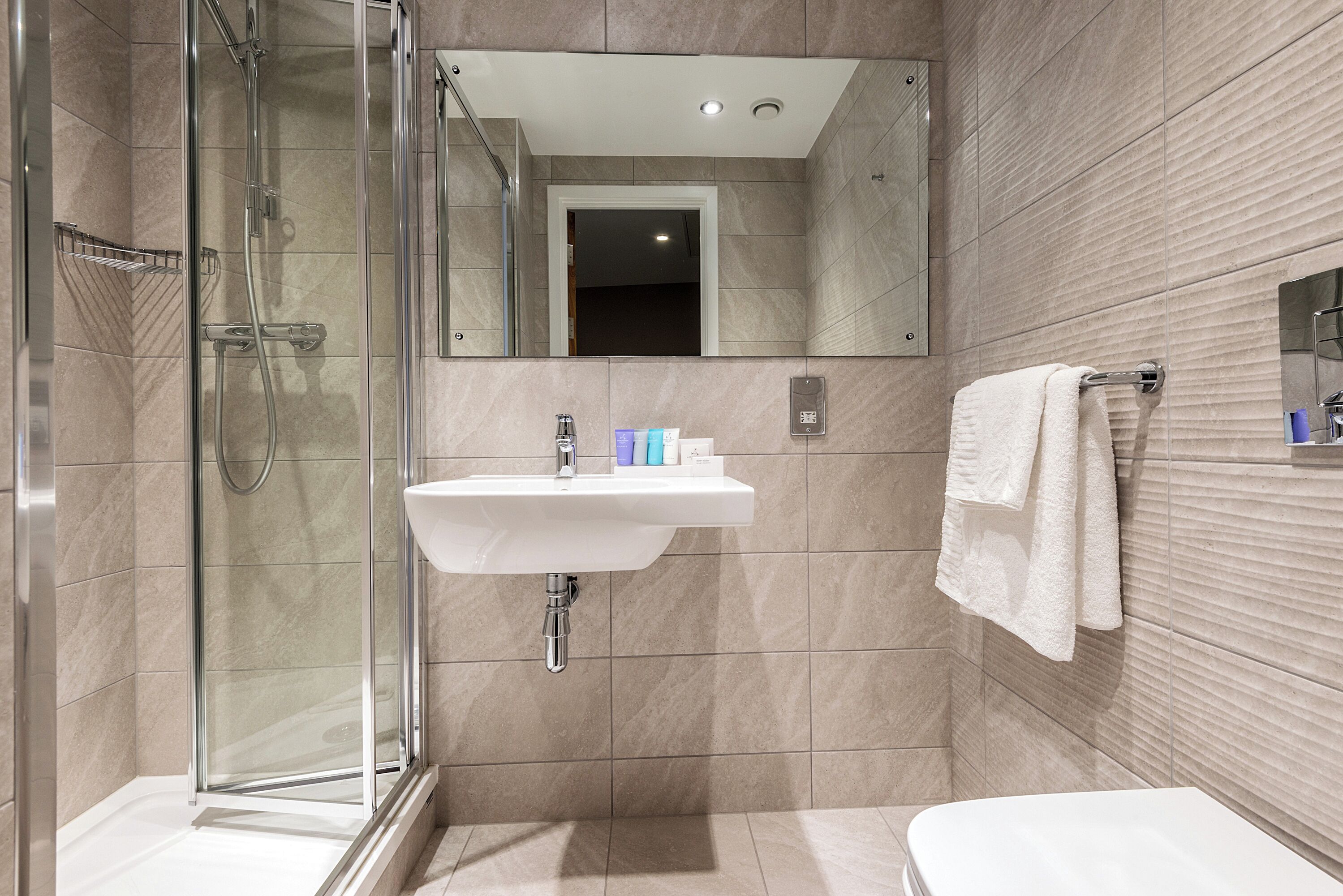 A modern bathroom with a glass shower enclosure, a white sink, and a toilet.