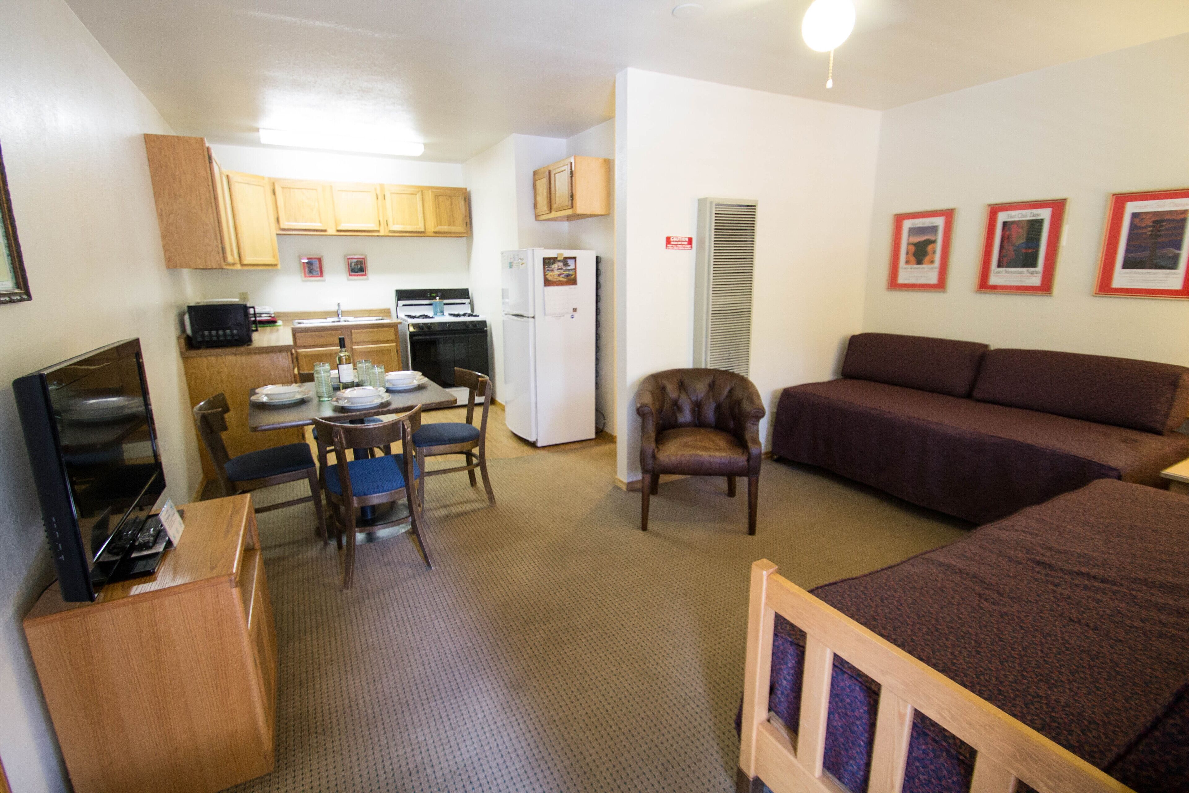 A compact living space with a kitchenette, a dining area, a sofa, and a television.