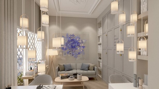 A modern living room with a sofa, coffee table, and a chessboard. There are bookshelves and decorative wall art. - Great Living Koukaki (Athens)