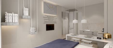 Une chambre à coucher moderne avec un lit, des tables de chevet, un bureau et un grand miroir.
