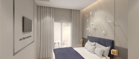 A modern bedroom with a large bed, a bedside table, a wall-mounted TV, and a view of the outdoors through a sliding door.