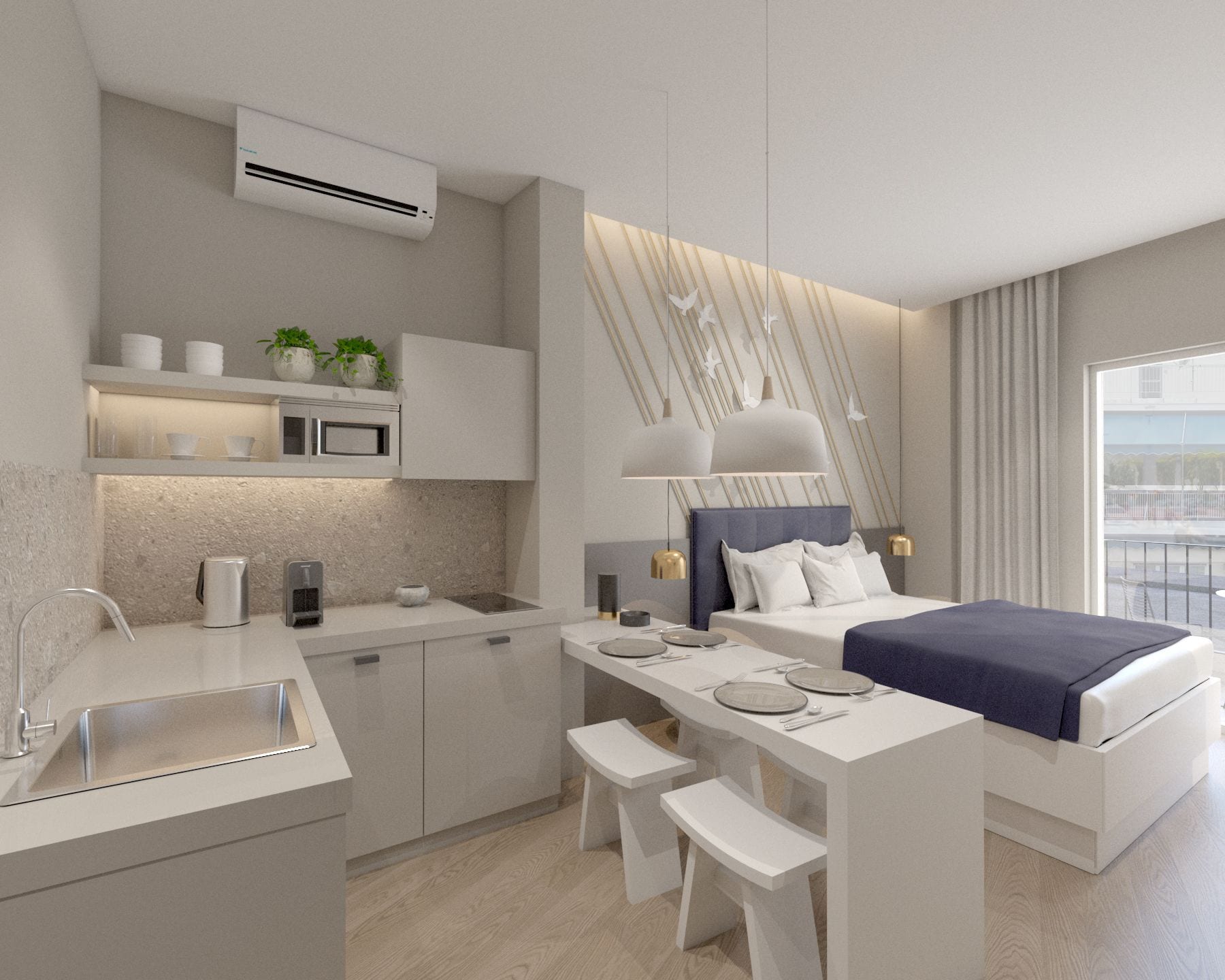 Lemari es besar, microwave, kompor, dan mesin espresso