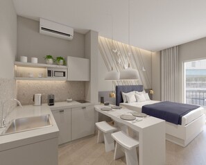 Full-size fridge, microwave, stovetop, espresso maker