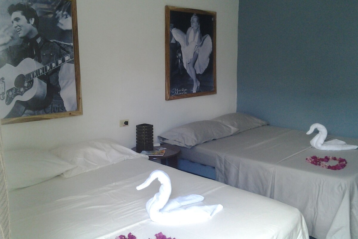 A hotel room with two beds, each with a swan-shaped towel and a flower on the bed. There are posters on the wall and a small table with a lamp.