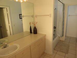 Une salle de bain comprenant un lavabo, un miroir, deux vases, un porte-serviettes et un espace douche.