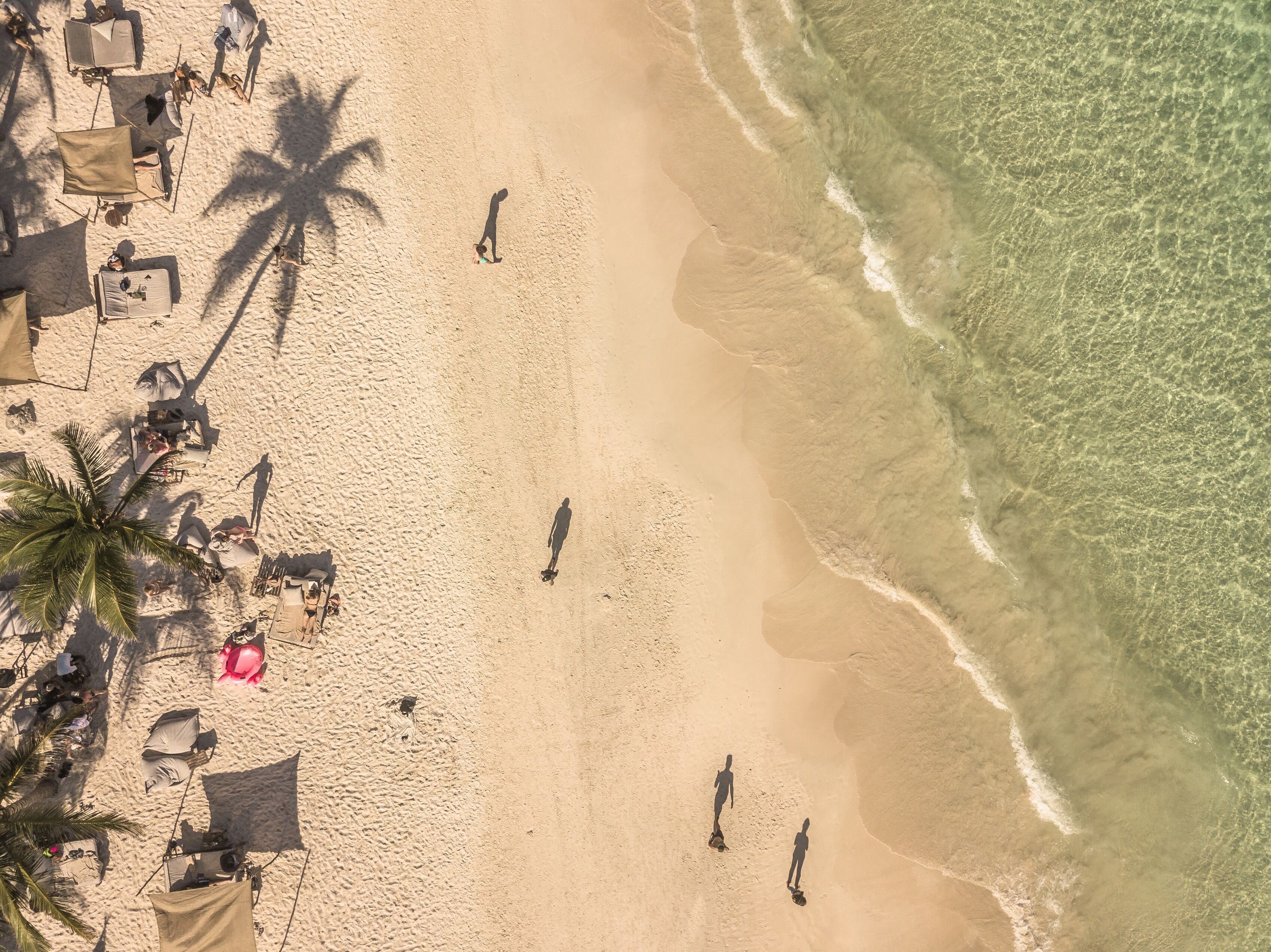 A beach with clear water, palm trees, and people walking.