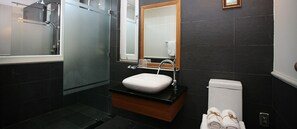 Ein modernes Badezimmer mit einer Duschkabine aus Glas, einem weißen Waschbecken mit Holzschrank und einer Toilette.