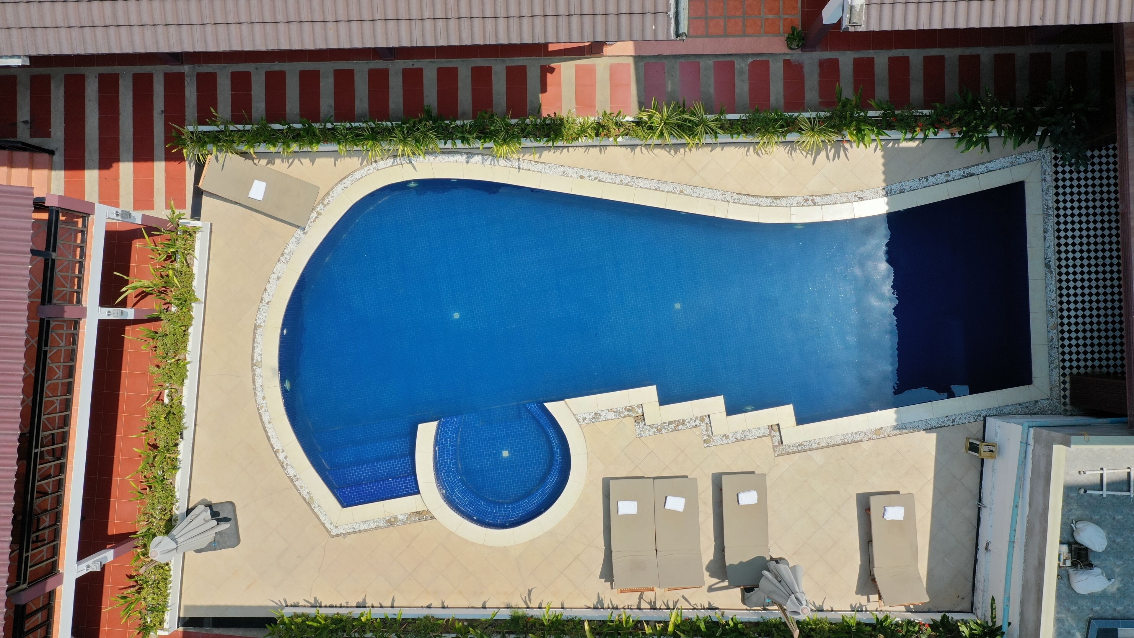 Une piscine sur le toit, d’une forme originale, entourée d’un petit muret et agrémentée de plantes en pot.