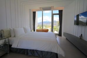 A modern hotel room with a large bed, a flat-screen TV mounted on the wall, and a view of the countryside through large windows.